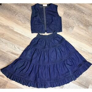 Vtg Broomstick Midi Skirt And Vest Denim Tiered Prairie Cottage Boho Western S